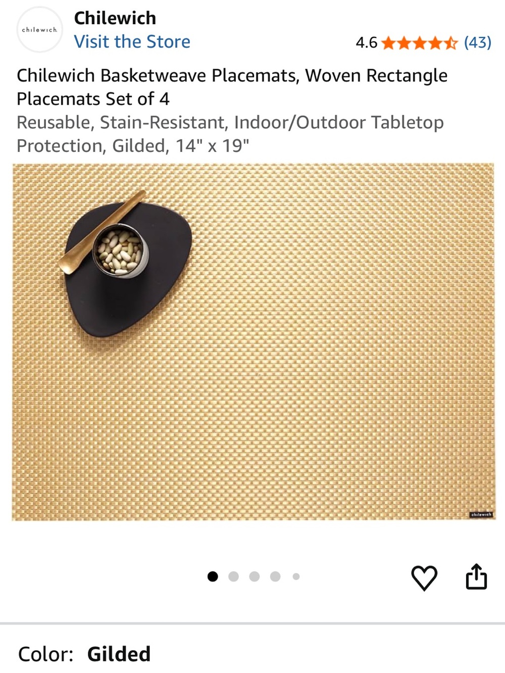 NEW Chilewich Basketweave Woven Placemats - Set of 4 - Rectangle 14x19” - Gilded